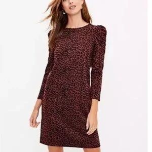 LOFT Burgundy Animal Print Long Sleeve Dress. Size LP